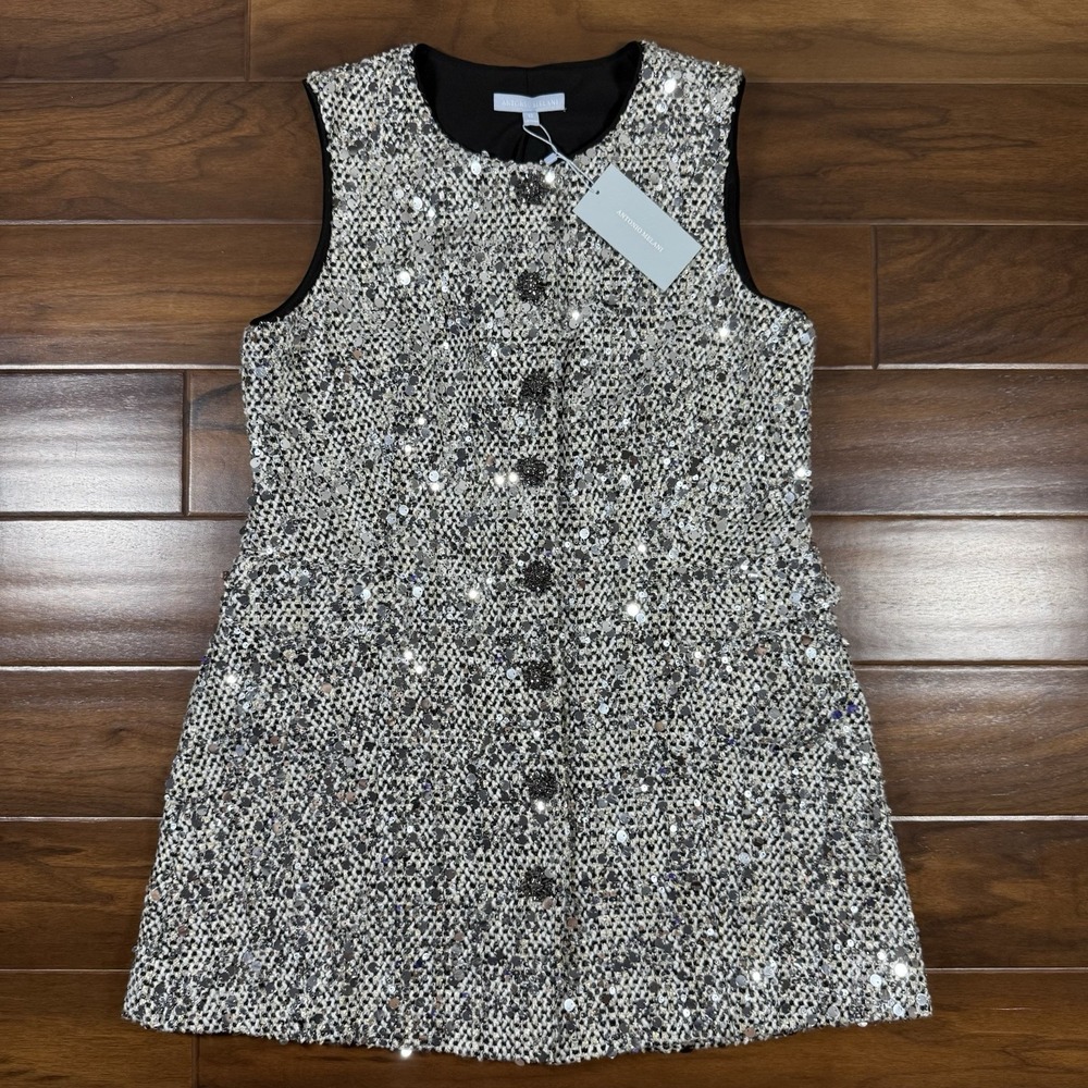 Antonio Melani Size 14 Shimmering Ice Emiliana Sequin Tweed Button Front Dress